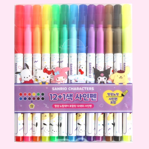 6000 산리오 캐릭터 12+1 사인펜 형광색 포함 수성 싸인펜